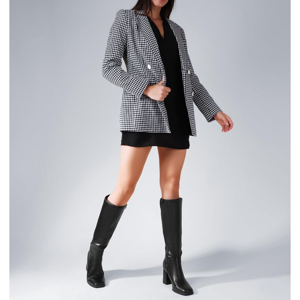 Ankis Knee High Boots for Women Squared Toe Chunky High Heel with Side Zipper Long Boots