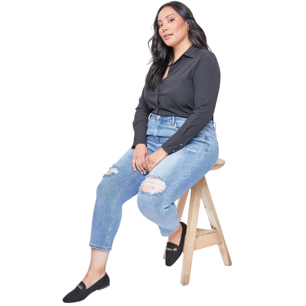 ROYALTY FOR ME Women's Plus Size Sustainable Vintage Straight Ankle Jeans, M Medium Blue Rips, 24W