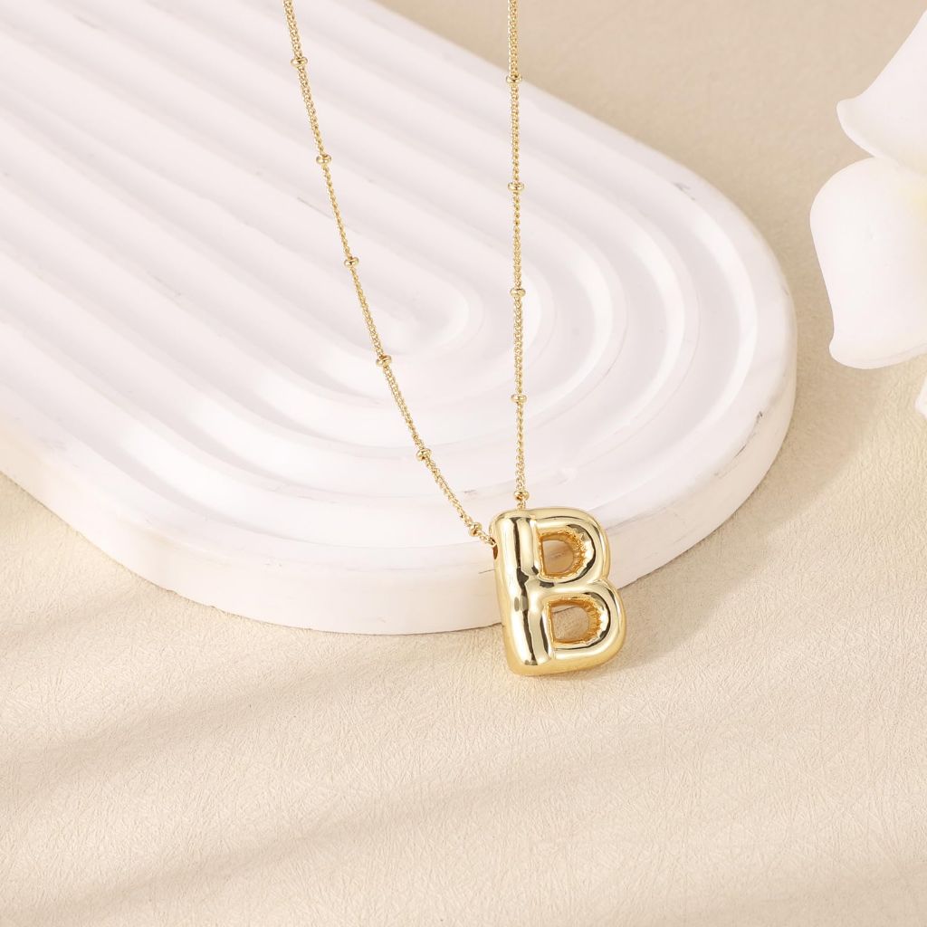 BOXOB Bubble Letter Necklace, 14k Gold Plated Balloon (B)