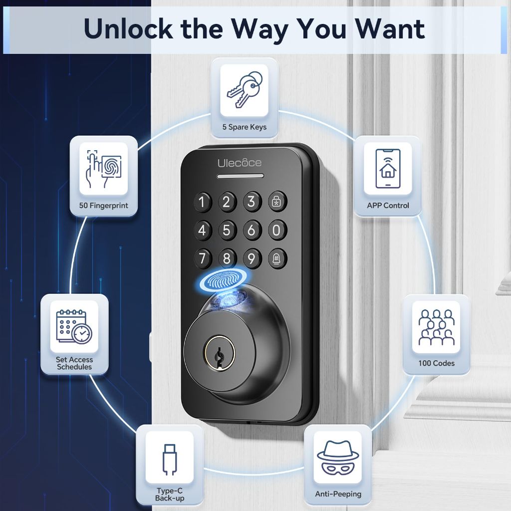 Ulecoce Fingerprint Smart Deadbolt with Keypad, App Control, and Auto-Lock