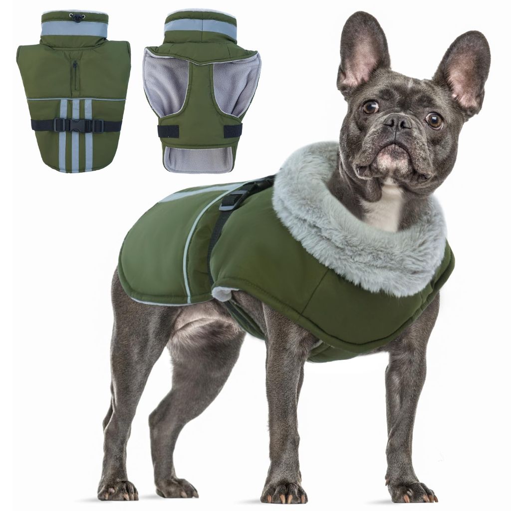 DENTRUN Waterproof Dog Winter Coats with Reflective Strips & Adjustable Snowsuit, Small