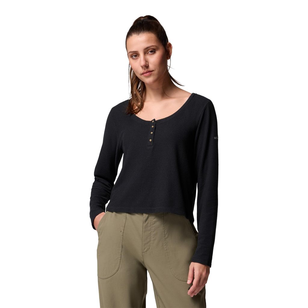 Columbia Womens Brea Falls Grid Henley Long Sleeve, Black, Large