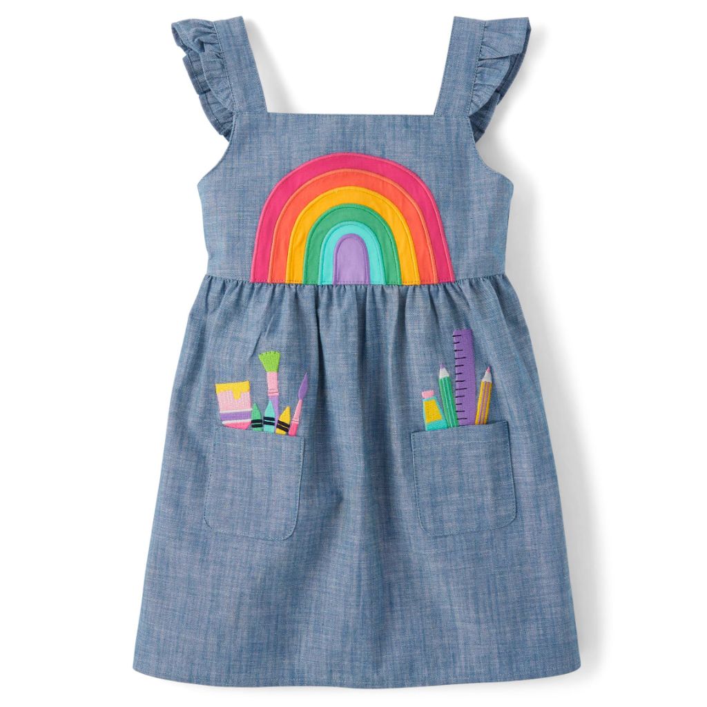 Gymboree,and Toddler Embroidered Sleeveless Skirtall Jumpers,Chambray Rainbow, Size 10