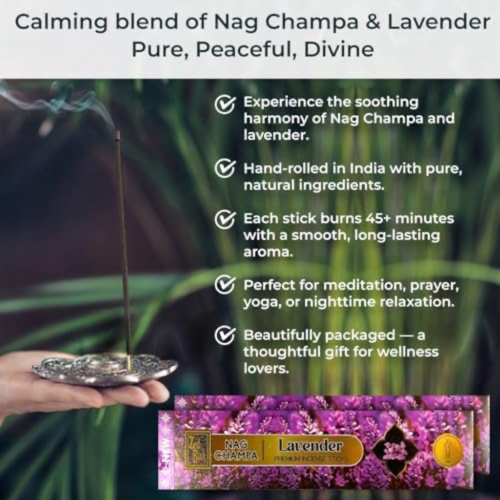 Nag Champa Lavender Incense Sticks – Premium Hand-Rolled Natural Scent | 180 g (15 g × 12 Packs) with Wooden Holder | Calming Aroma for Sleep, Meditation & Stress Relief.