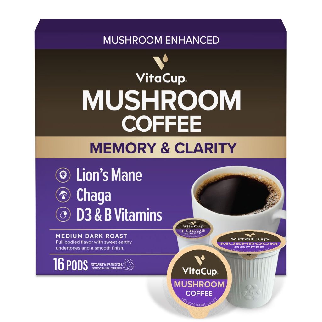 VitaCup Mushroom Coffee Pods Medium Roast, Single Serve Pod Compatible w/Keurig K-Cup Brewers,16 Ct