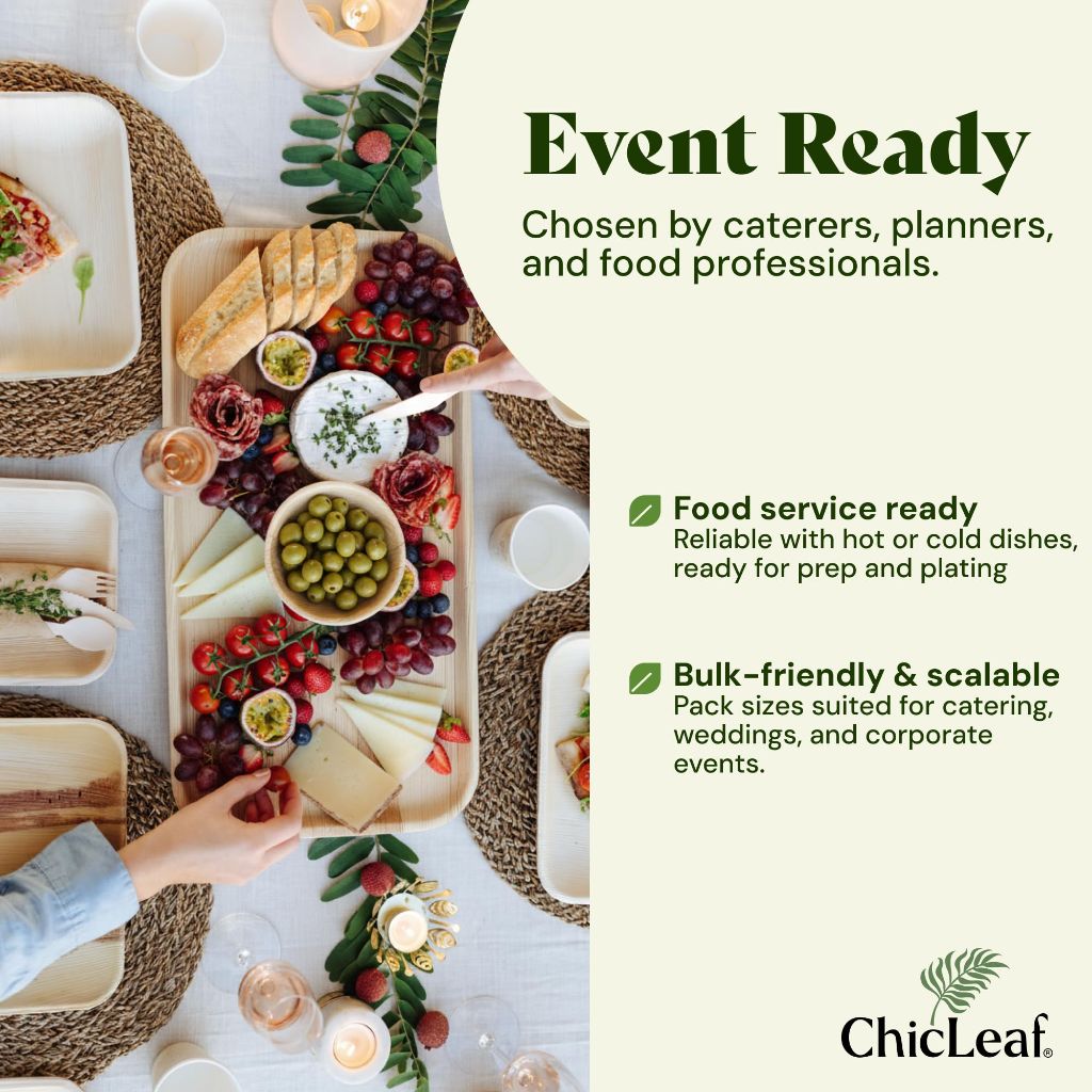 Chic Leaf All Natural Compostable & Disposable Rectangular 13" x 9" Palm Leaf Platters Serving Tray (10 pc)