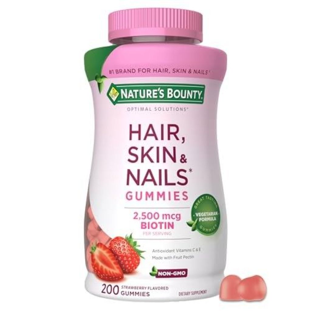 Nature's Bounty Optimal Solutions Hair, Skin and Nails Pectin Gummies, 2500 Mcg Biotin per Serving, No Stick Gummy, Vegetarian Formula, Strawberry Fla