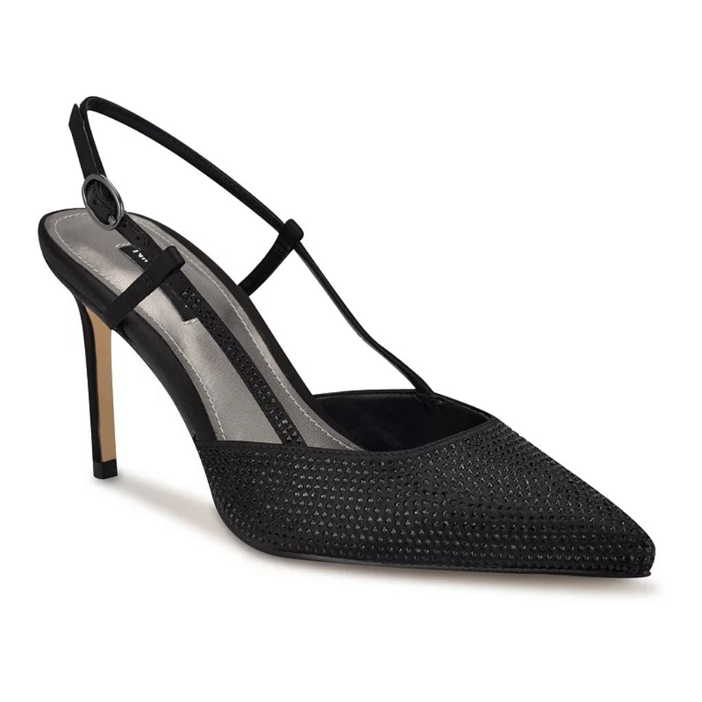 Nine West Women's Rumer Pointy Toe Slingback Pumps - Black Satin, Size 5