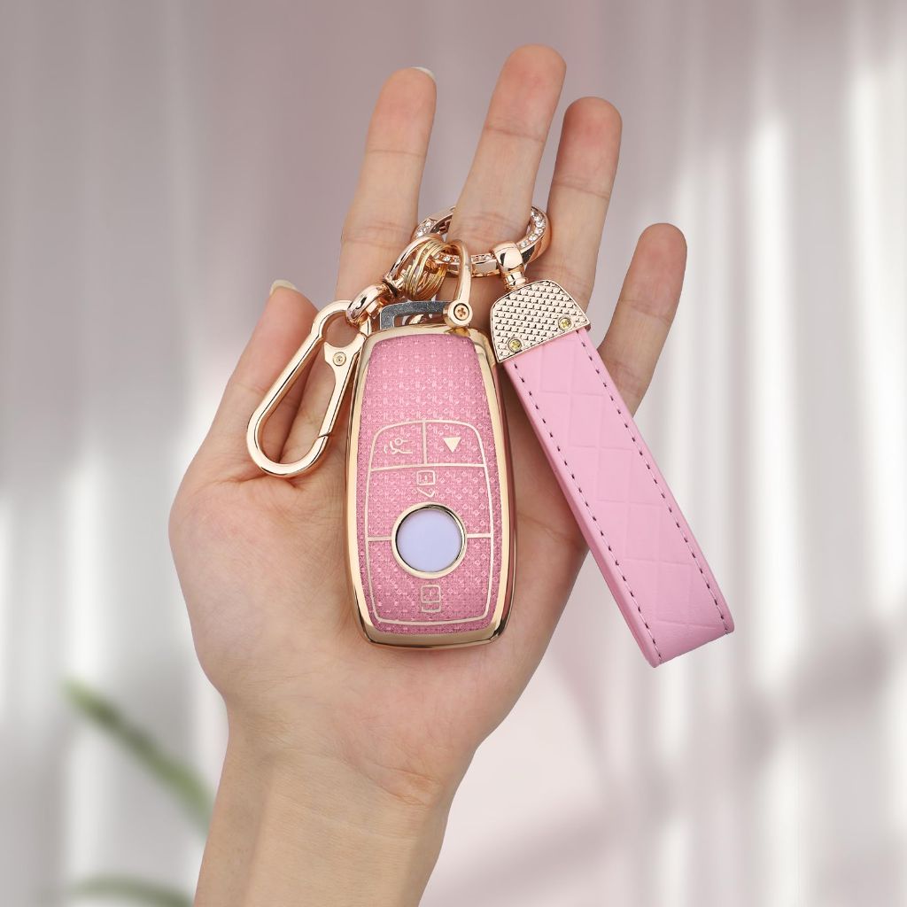 Seedwee for Mercedes Key Fob Cover, 4 Buttons Soft TPU Keys Protector Bling | Gold Pink