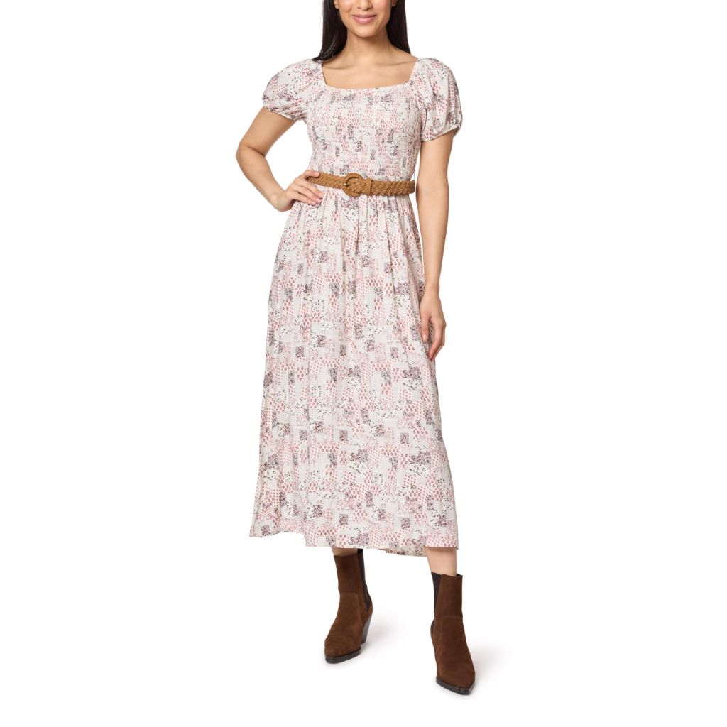 WallFlower Women's Alma Rayon Challis Puff Sleeve Smocked Belted Maxi Dress, Parchment, X-Large