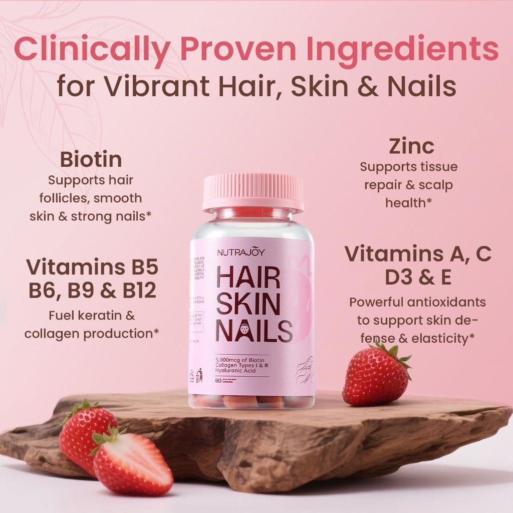 Hair Skin and Nails Gummies, 5000 mcg Biotin Gummies, Strawberry Flavor, 60 Gummies