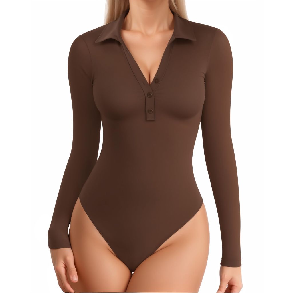 MANGOPOP Henley Bodysuit for Women Button Down Long Sleeve Tops Body Suits Dressy Blouse Casual, Coffee, X-Large