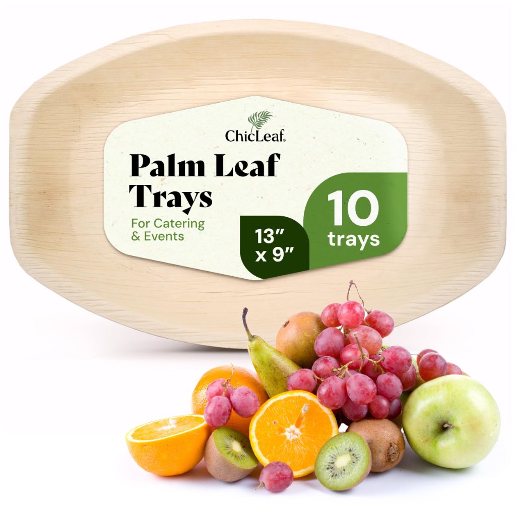 Chic Leaf All Natural Compostable & Disposable Rectangular 13" x 9" Palm Leaf Platters Serving Tray (10 pc)