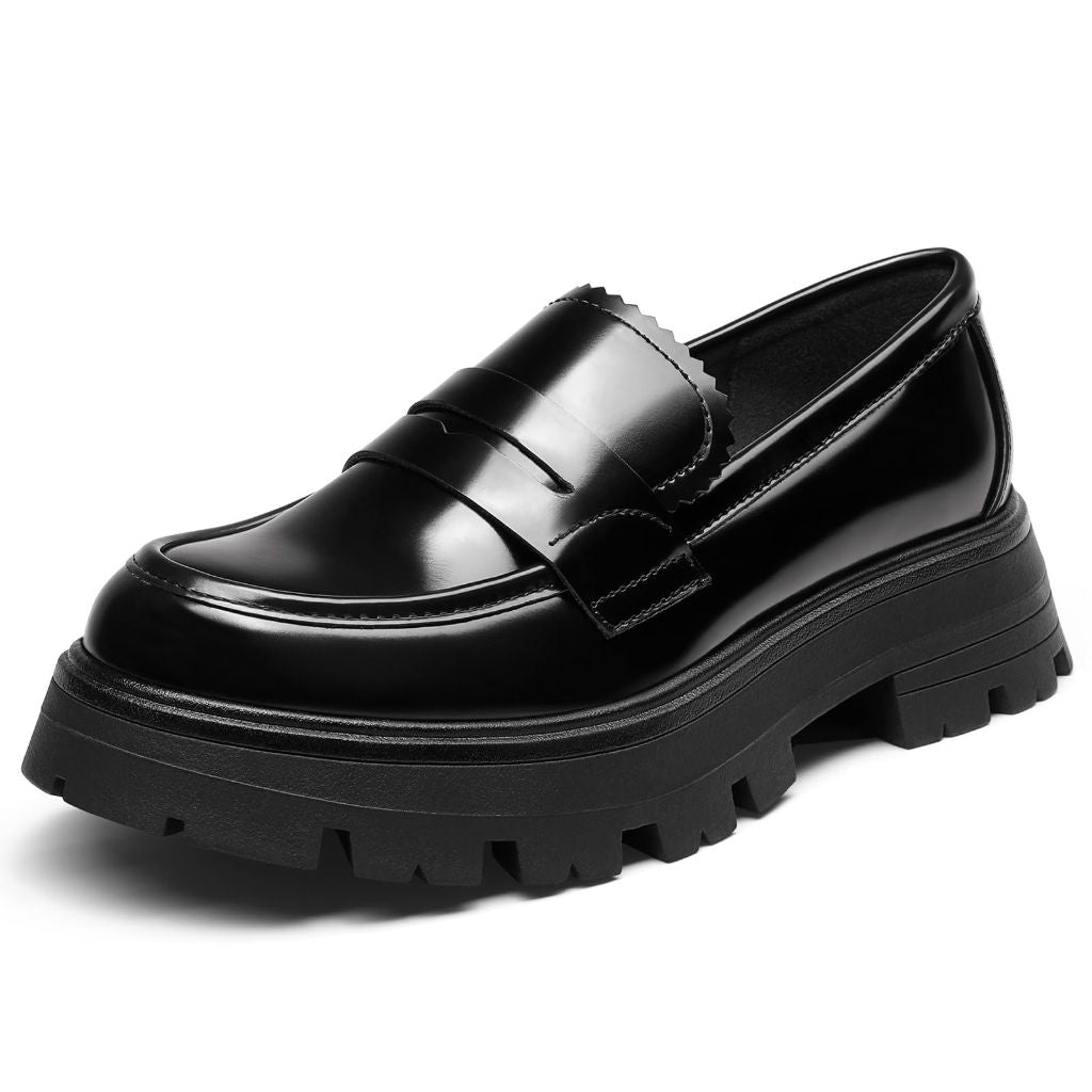 Chunky Loafers Women Platform Shoes for Women Chunky Heel Lug Sole Loafers Penny Shoes Slip ons Round Toe LF04W-184-RT-BLACK-8.5
