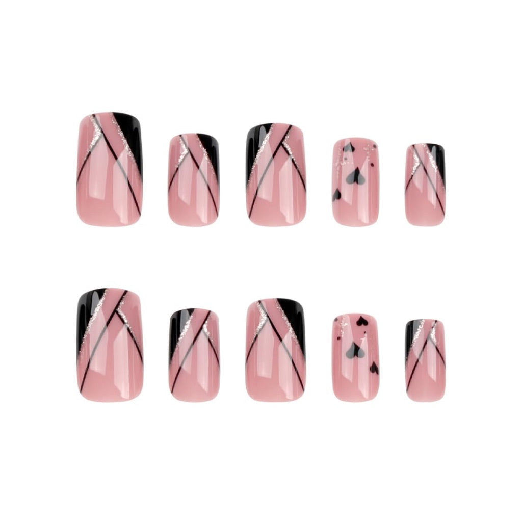 Square Pink Press on Nails Short Fake Nail with Heart Gold Line Designs Glitter Full Cover Stick on fake on Nail for Women Gel Fantasy for Wedding Manicure 24 Pcs