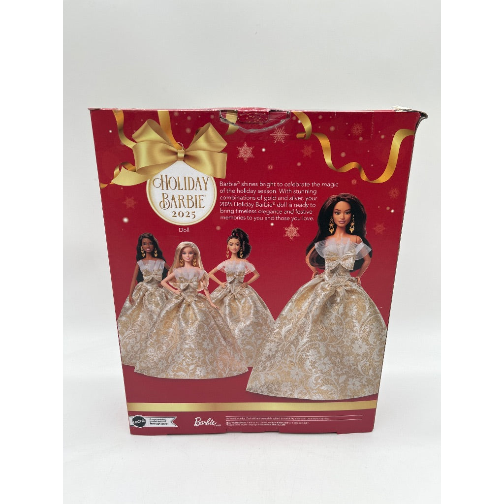 Barbie Signature 2025 Holiday Dark Brown Hair Fashion Doll Wearing Silver & Gold Gown, Seasonal Collector in Displayable Packaging & Stand