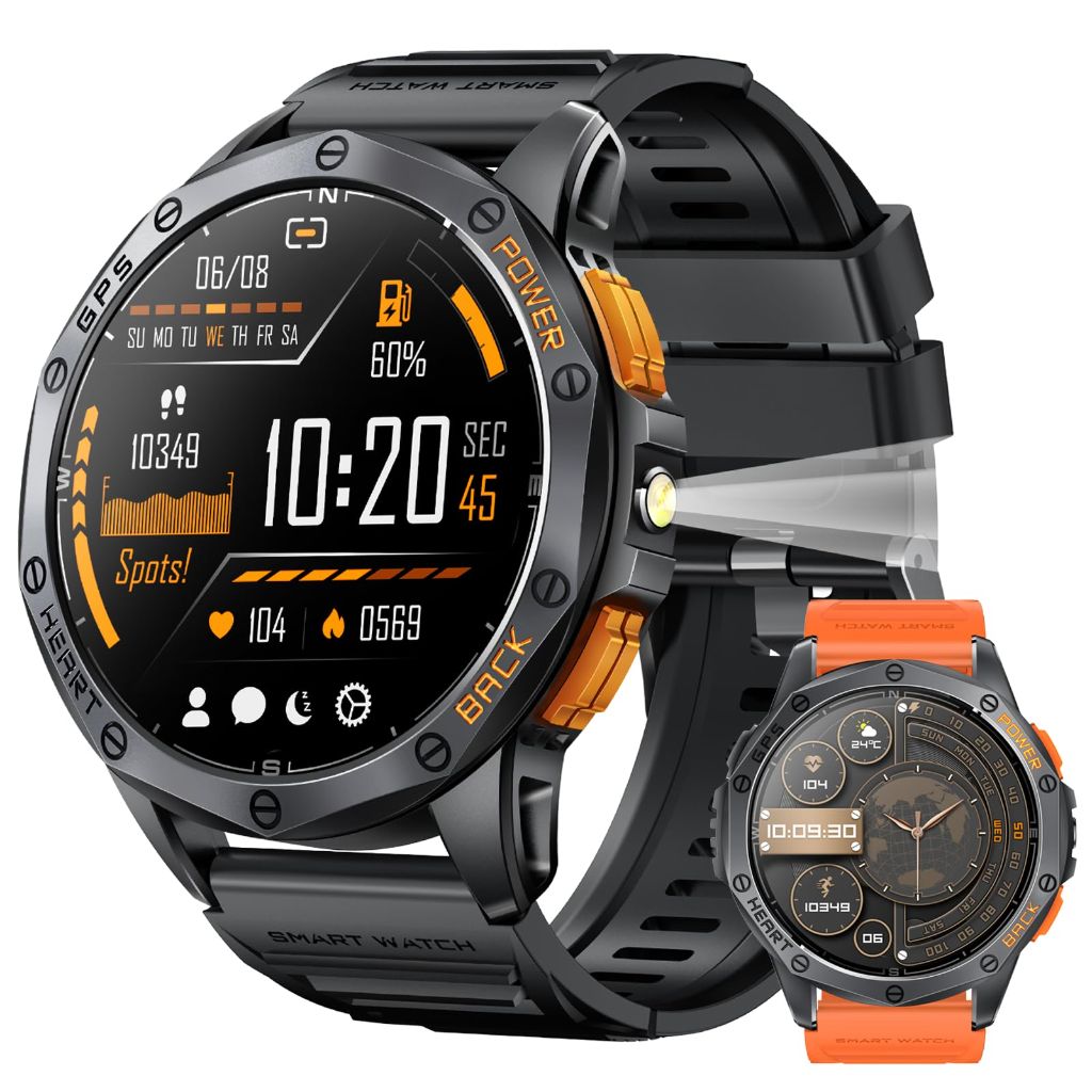 Military Sports Smart Watche for Men, Built-in GPS, 170+ Sport Modes, 1.43" AMOLED Screen, Bluetooth Call - Black & Orange (2 Bands)