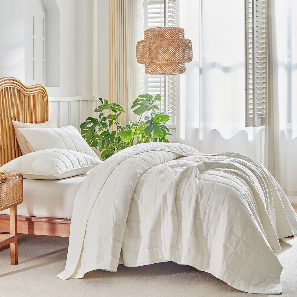 WARMDERN Linen 100% Cotton Quilts Set King Size, Cream White, 106x96