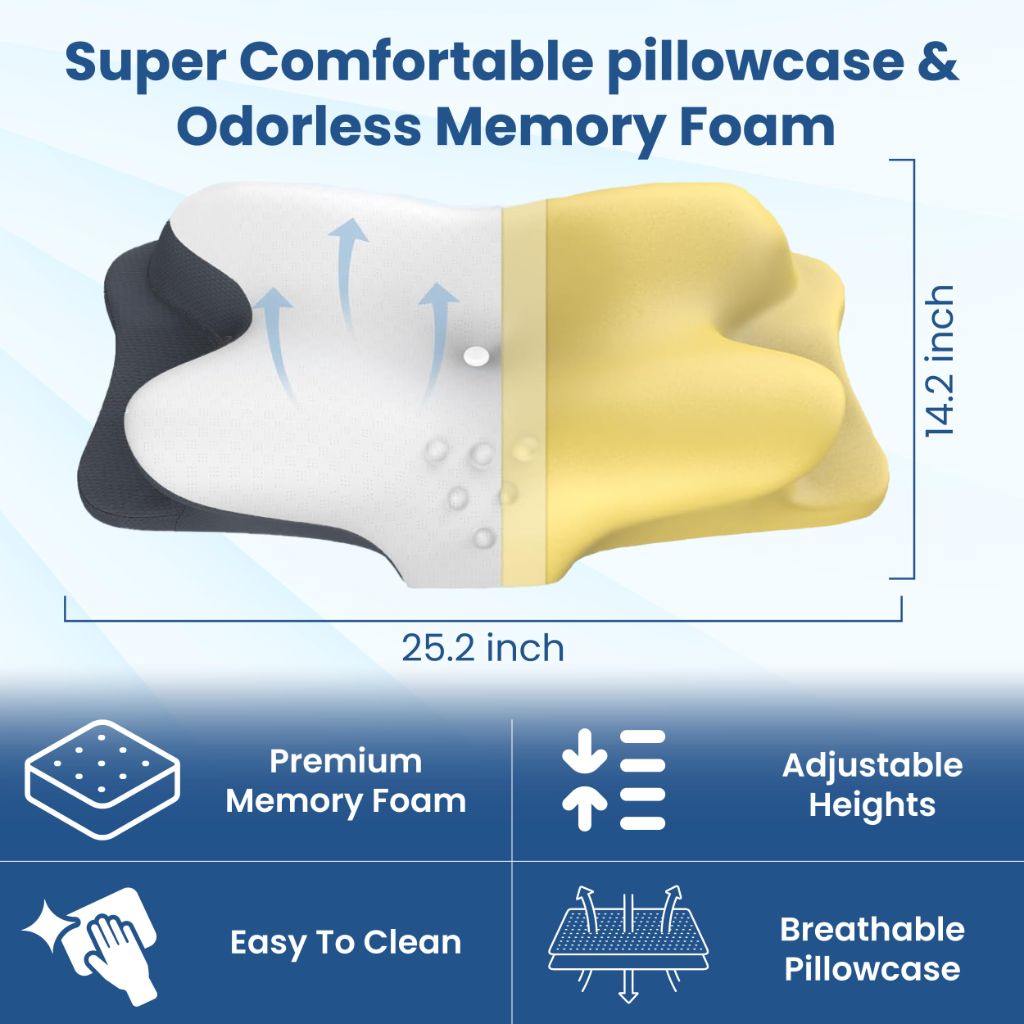 MY HOMEBOUND Cervical Pillow,Contour Memory Foam Pillow for Sleeping,Ergonomic Neck Support Pillow for Side,Back and Stomach Sleepers with 1 Extra Free Comfortable and Breathable Pillowcase