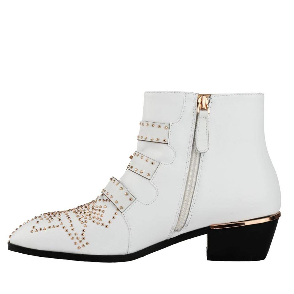 Arqa Women's Studded Ankle Boots Leather Multiple Buckle Chunky Heel Booties Almond Toe Zipper Punk Boot
