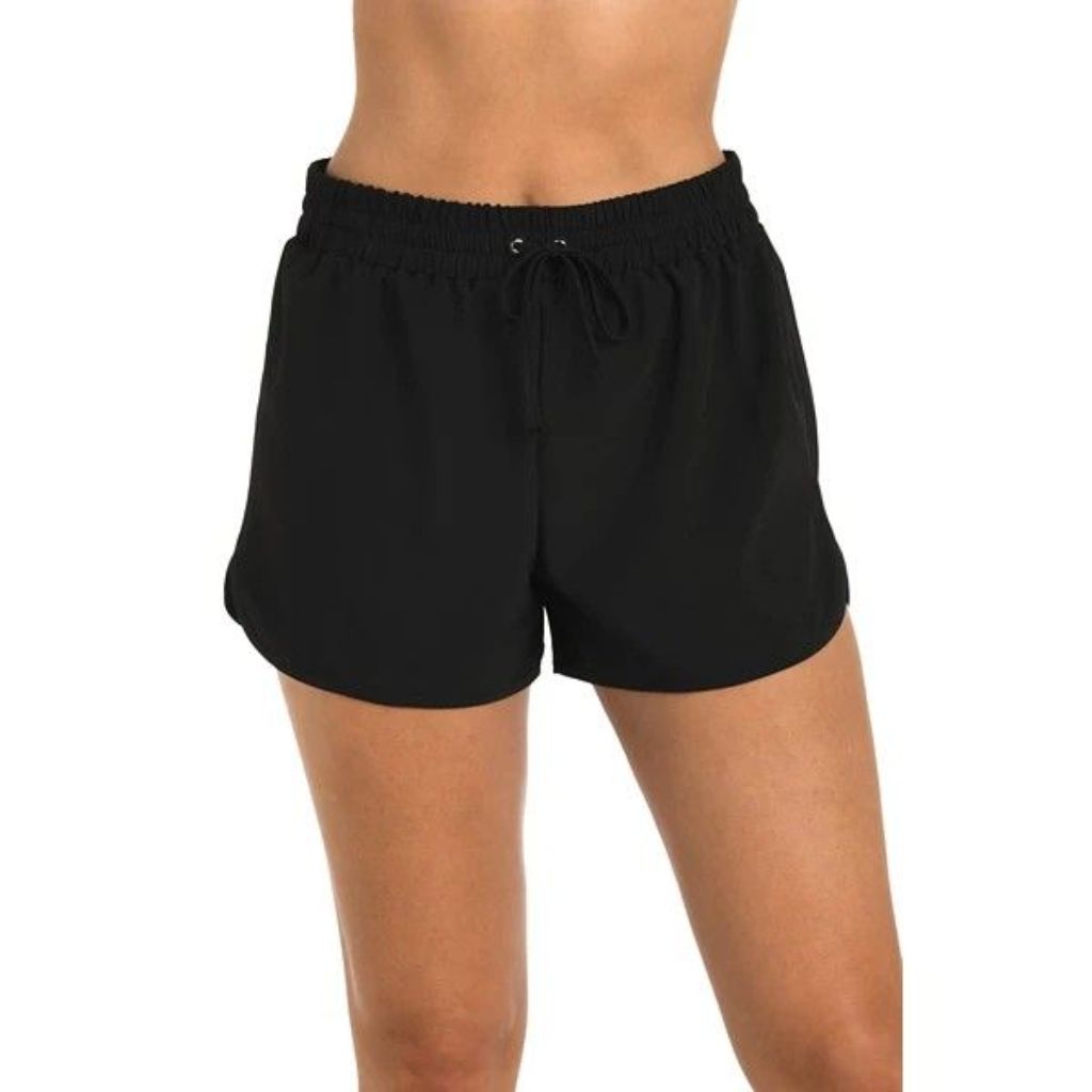 Women's 24th & Ocean Solid Woven Swim Shorts Misses - Size 16 (Black)