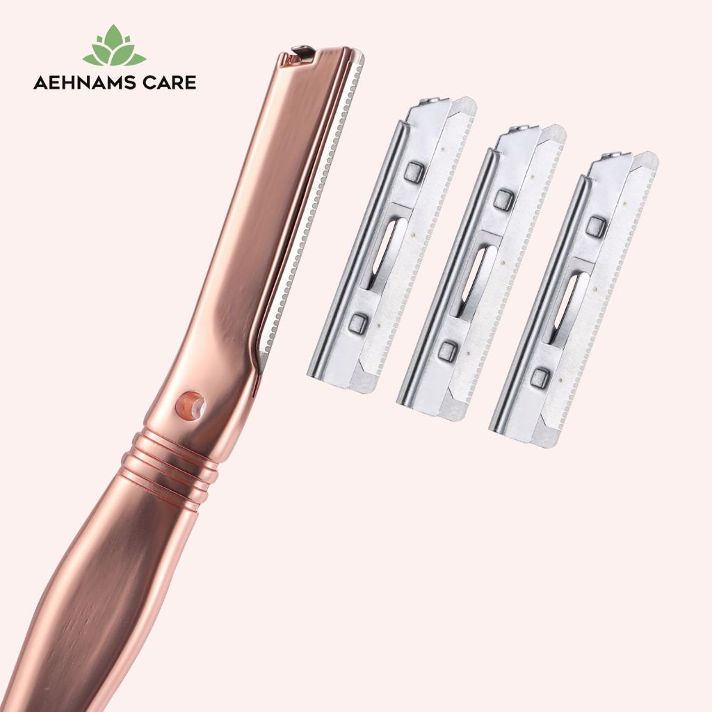 AEHNAMS Care Facial Exfoliation Dermaplaner Metal Razor Set with Face Oil 20ml, 3 Replacement Blades, Rose Gold