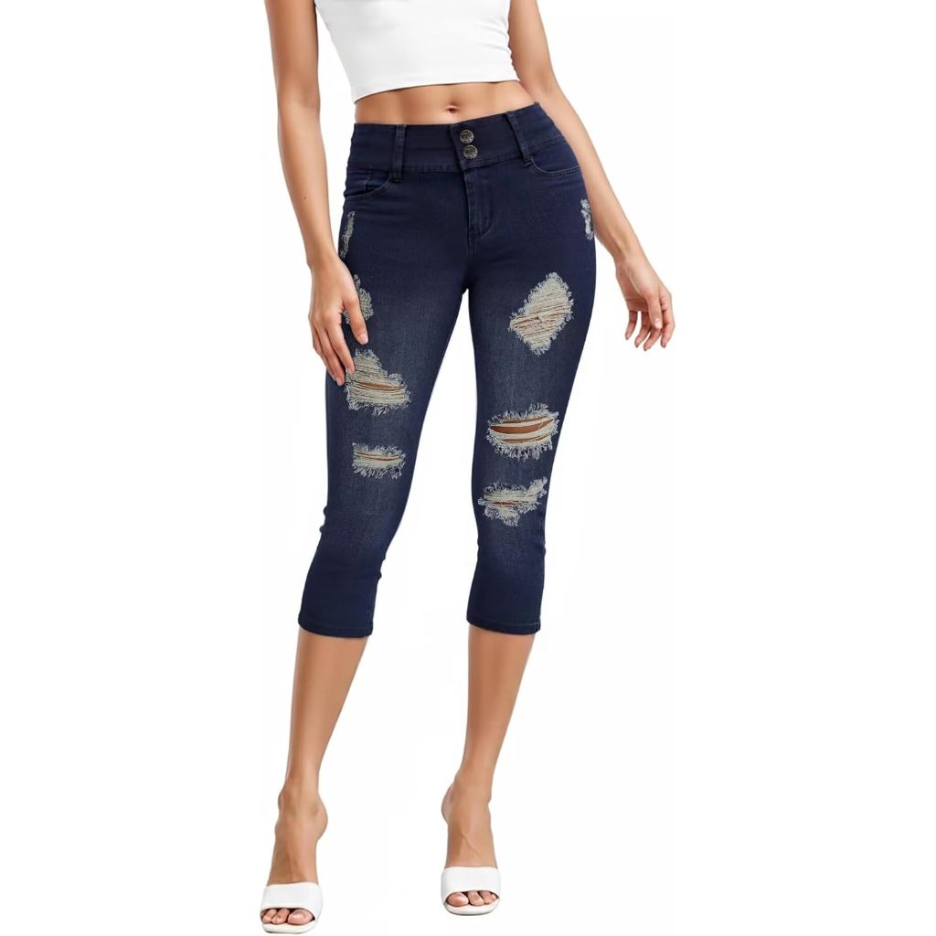 Hybrid & Company Women's Super Comfy Stretch Destructed Denim Bermuda Shorts Capri - Size 22
