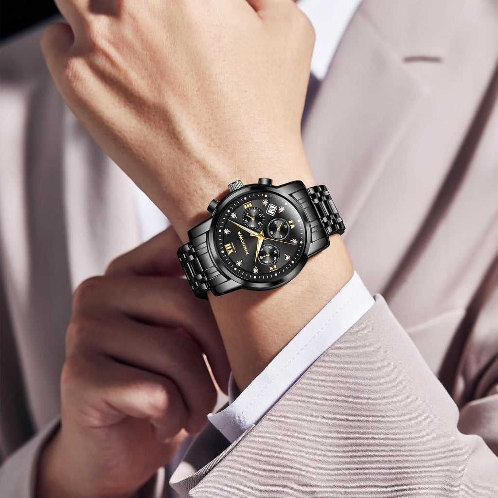 PINDOWS Men's Analog Quartz 42mm Watch - Stainless Steel Black Strap, Black Dial with Gold Numerals