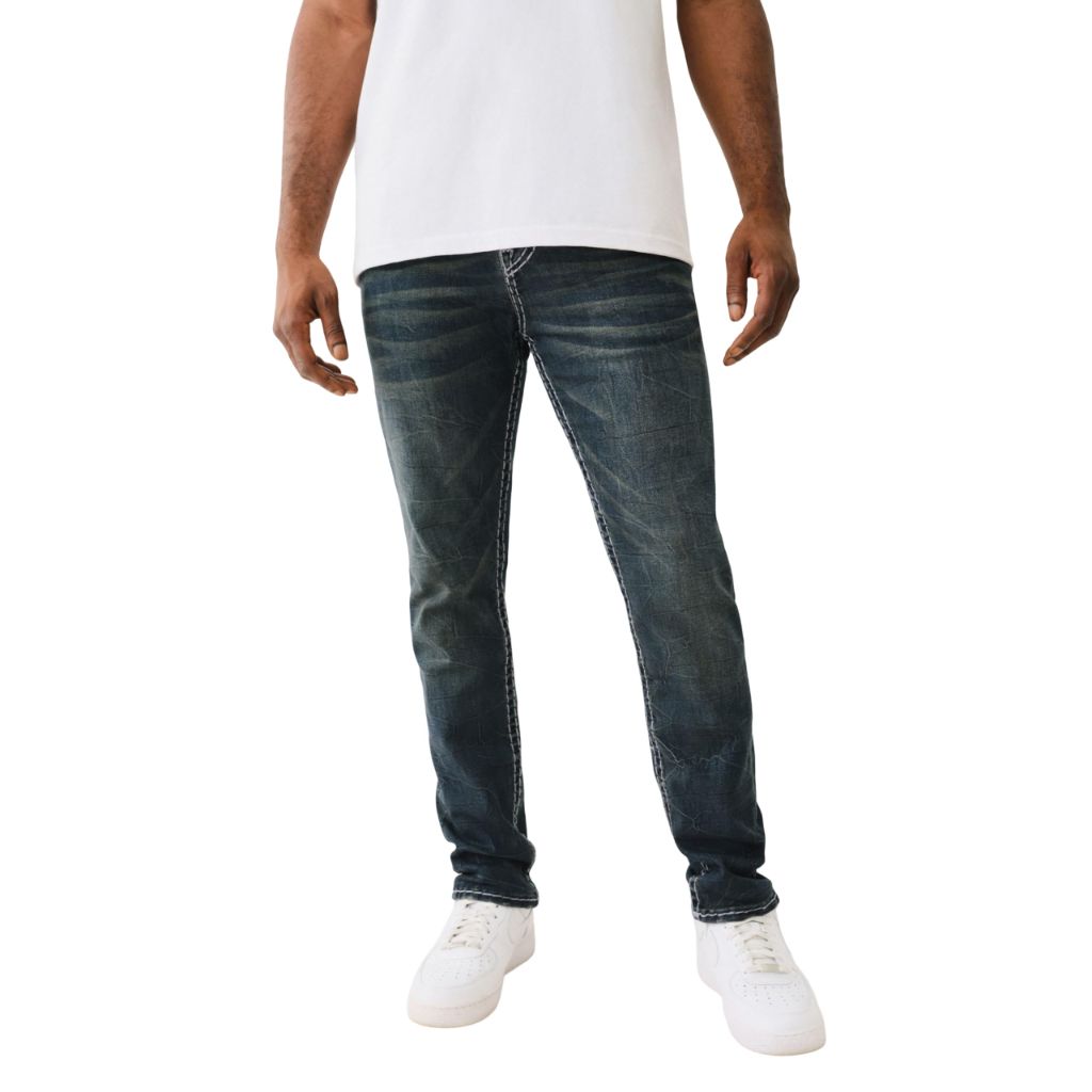 True Religion Men's Rocco Jeans - Super T Stitch, No Flap Pockets, 1/2"- Albarn Medium Wash - 32