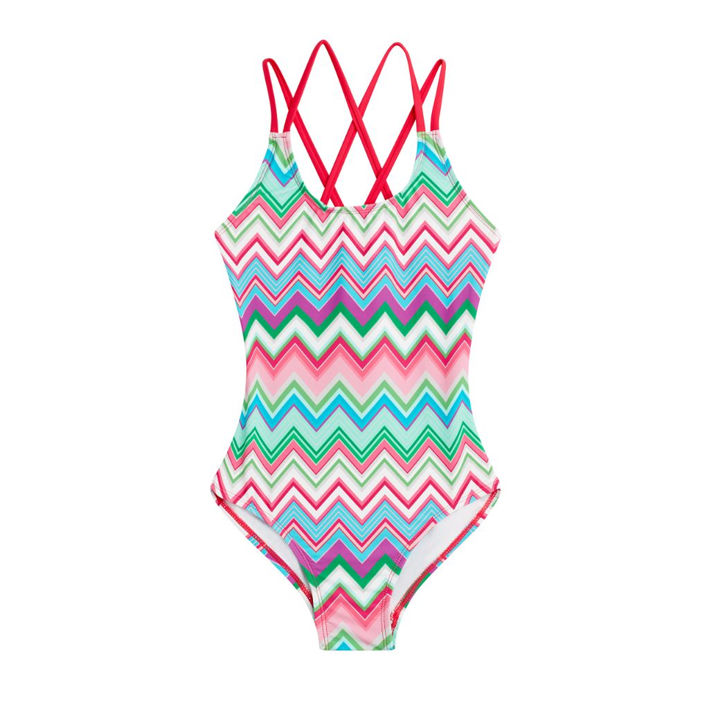 Kanu Surf Girls, Reese UPF 50 Beach Sport Criss-Cross One Piece Swimsuit, Nina Pink/Green, 12