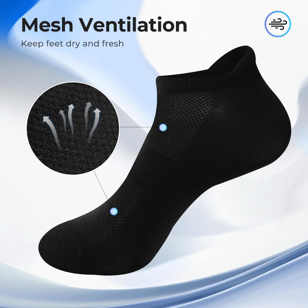 BAMBOO COOL Men's Athletic Heel Tab Cushioned Ankle Socks - Black, Medium (8 Pairs)
