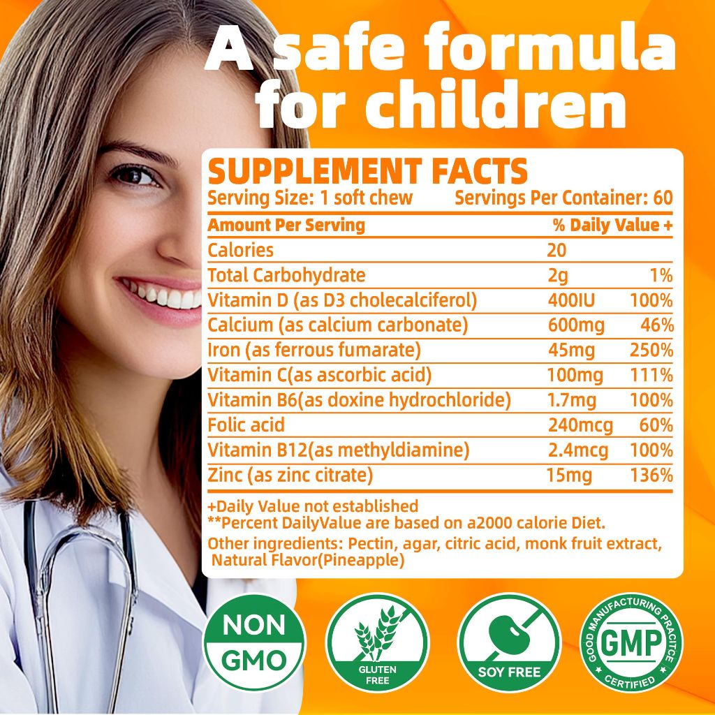 Allcoovita Iron Soft Chews Supplement with Vitamin C | Orange Flavored  | 60 Count | 2 Month Supply