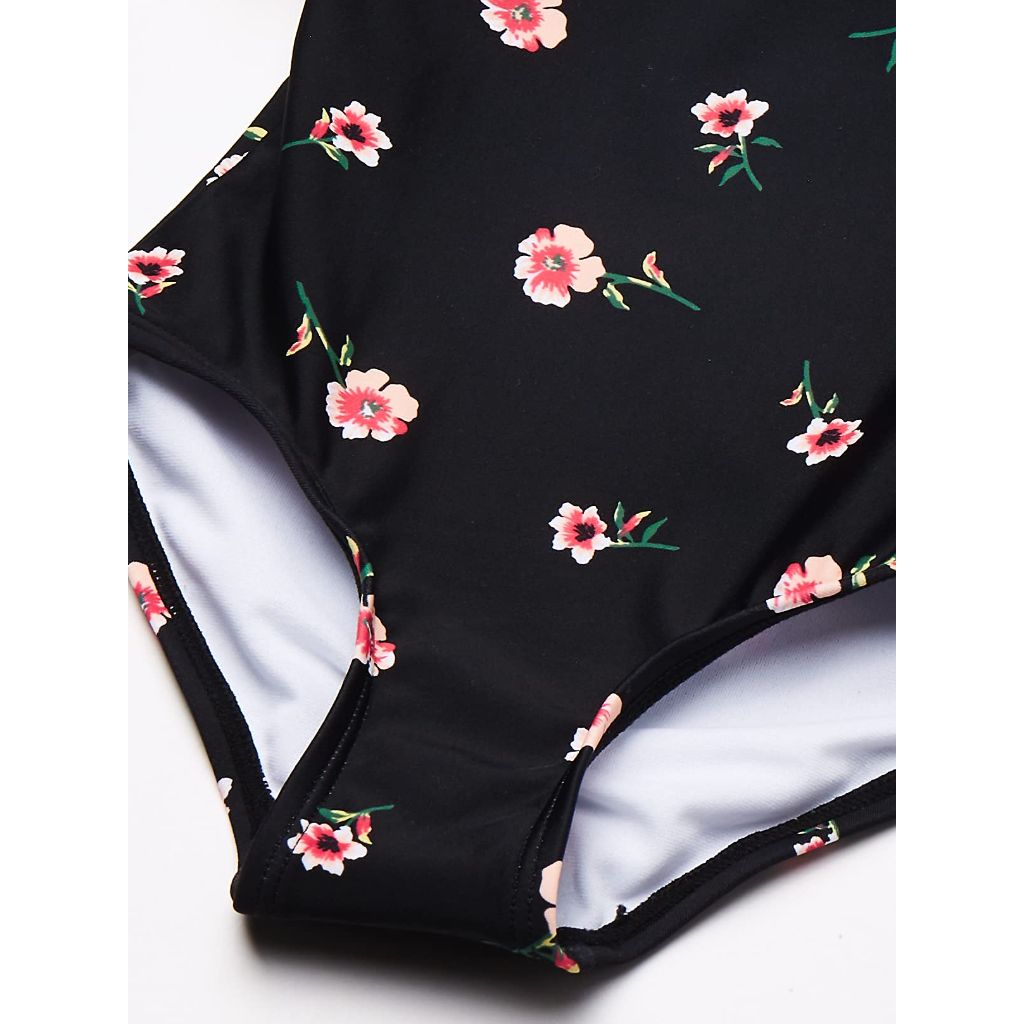 Kanu Surf Girls' Morgan Floral Ruffle 1-Shoulder 1-Piece Swimsuit, Black - size 5