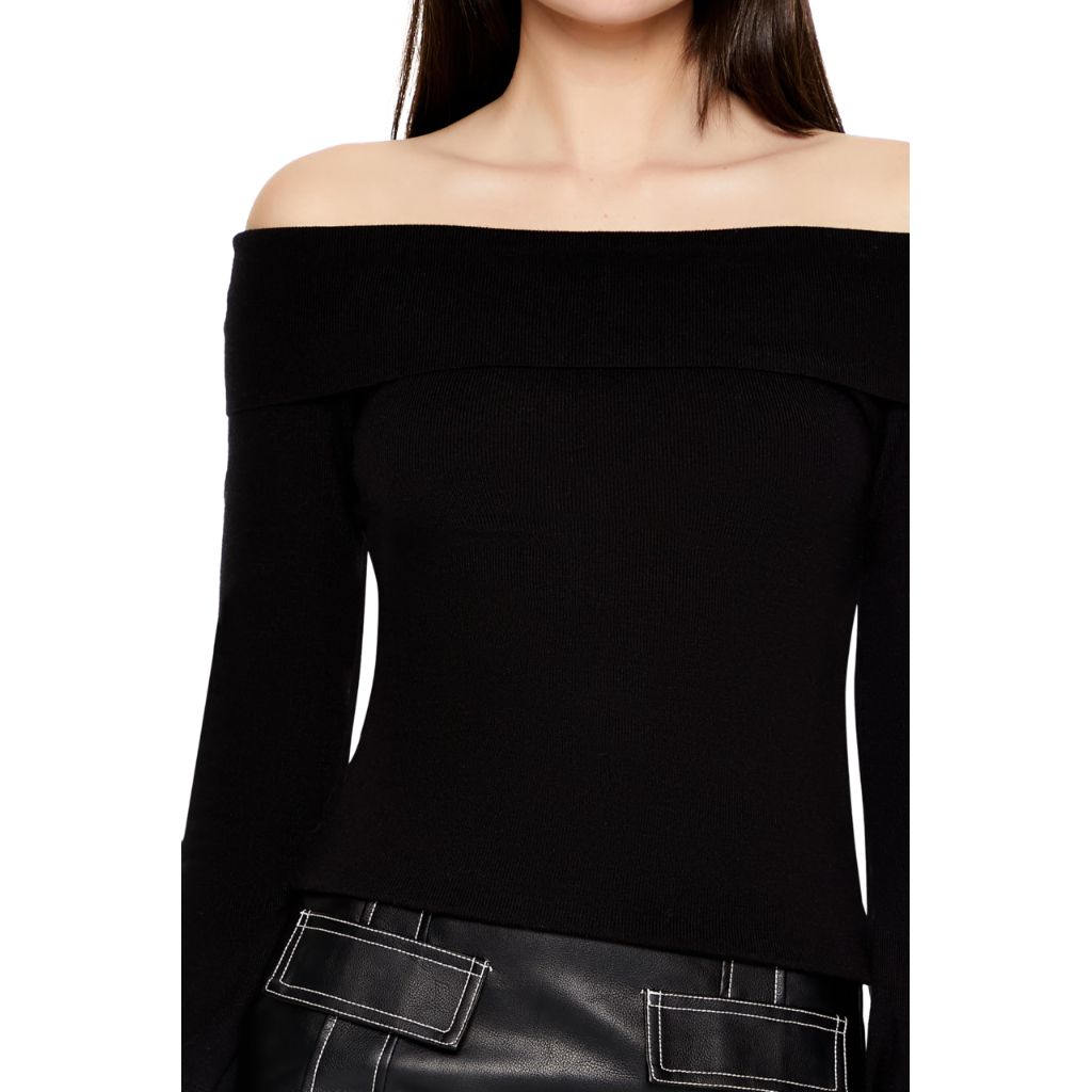 Forever 21 Women's Fitted Off-the-Shoulder Sweater Black Medium