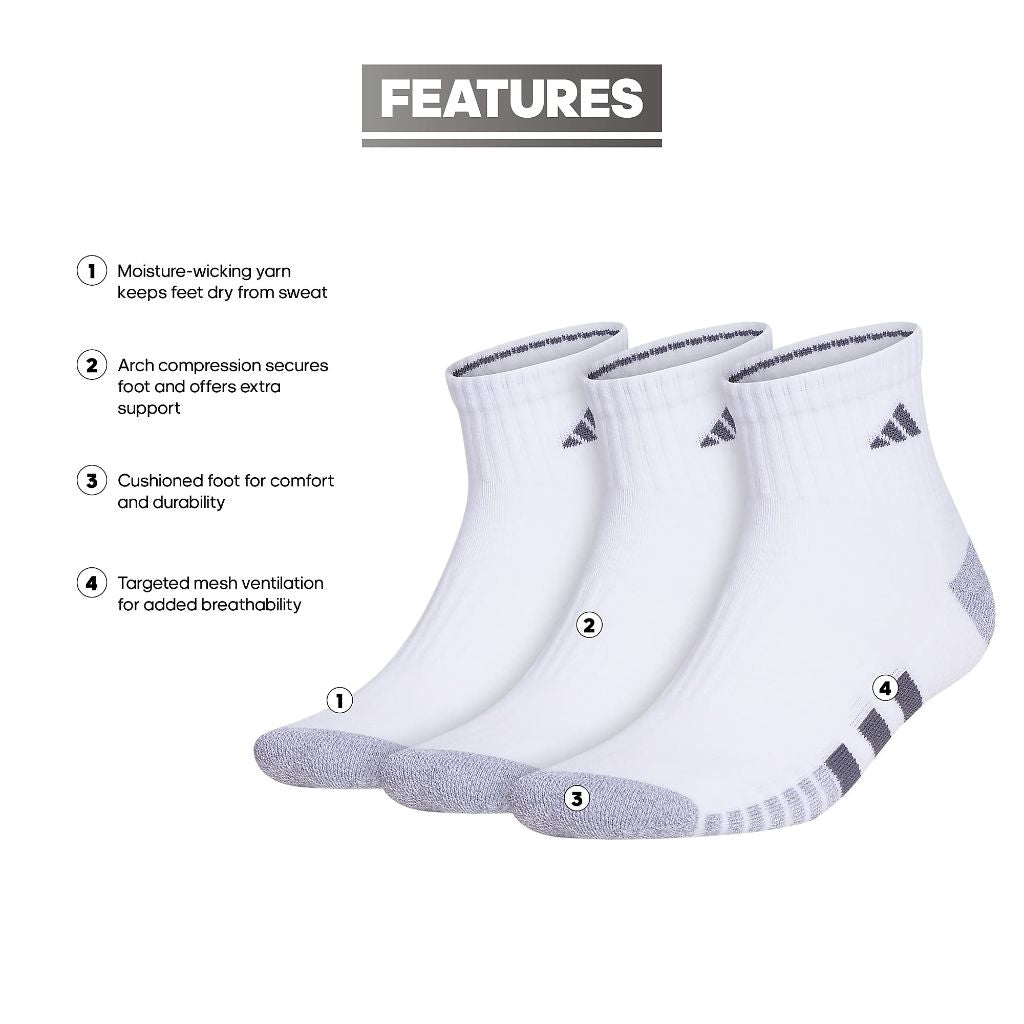 Adidas Mens Cushioned Quarter Ankle Socks (3 Pairs), Shoe Size 6-12