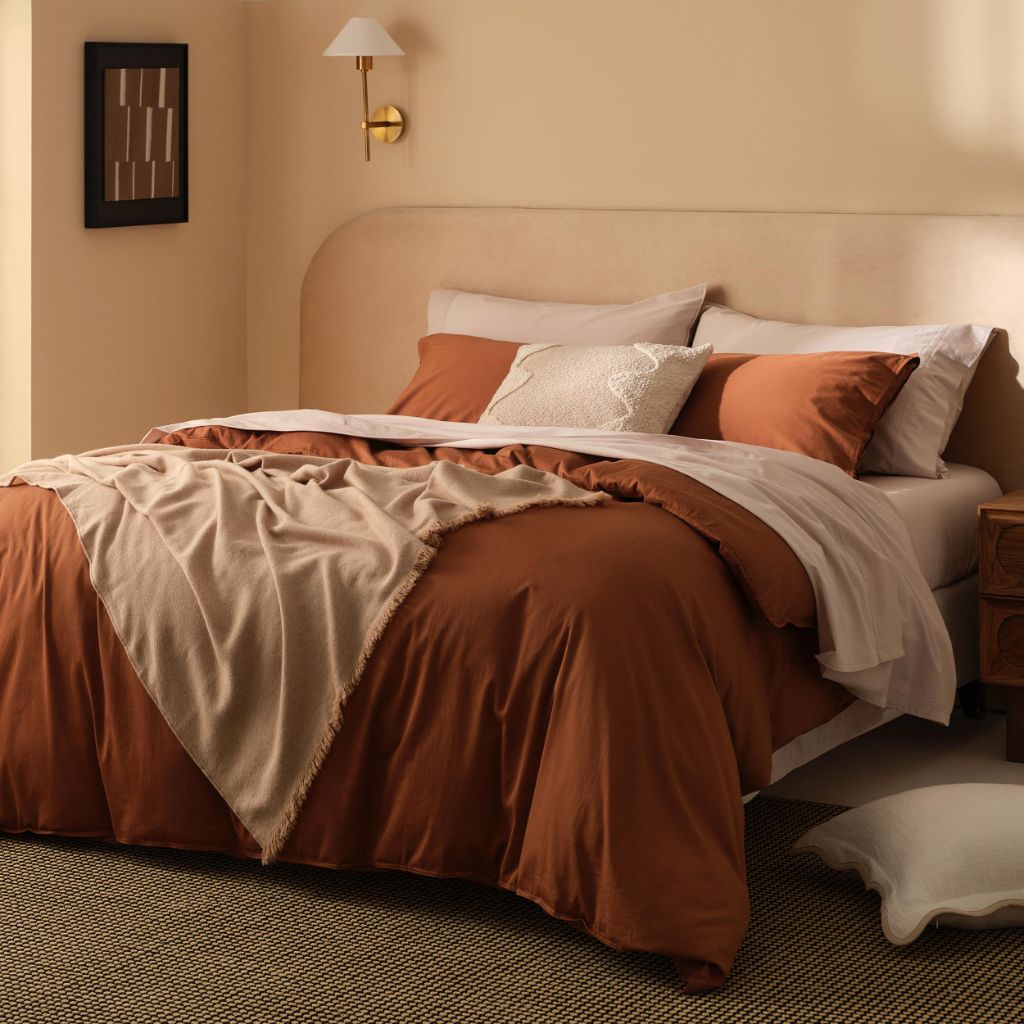 Double Stitch Cashmere Cotton Duvet Cover Set - King Size, with Button Closure, Mocha Brown, 106" x 90"