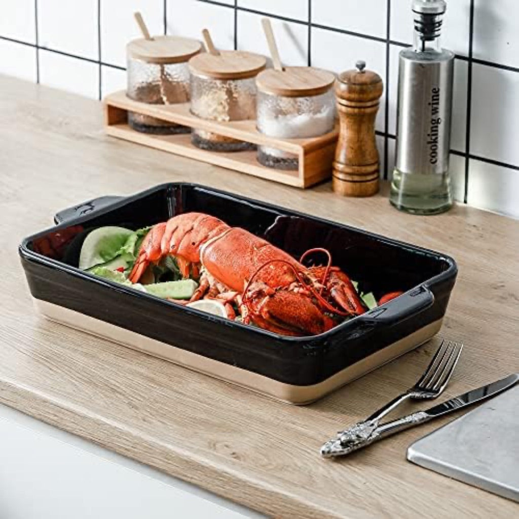 HVH 3 Piece Ceramic Baking Dish Set, 13x9, 11x7, 8x6 - Classic Farmhouse Style, Black