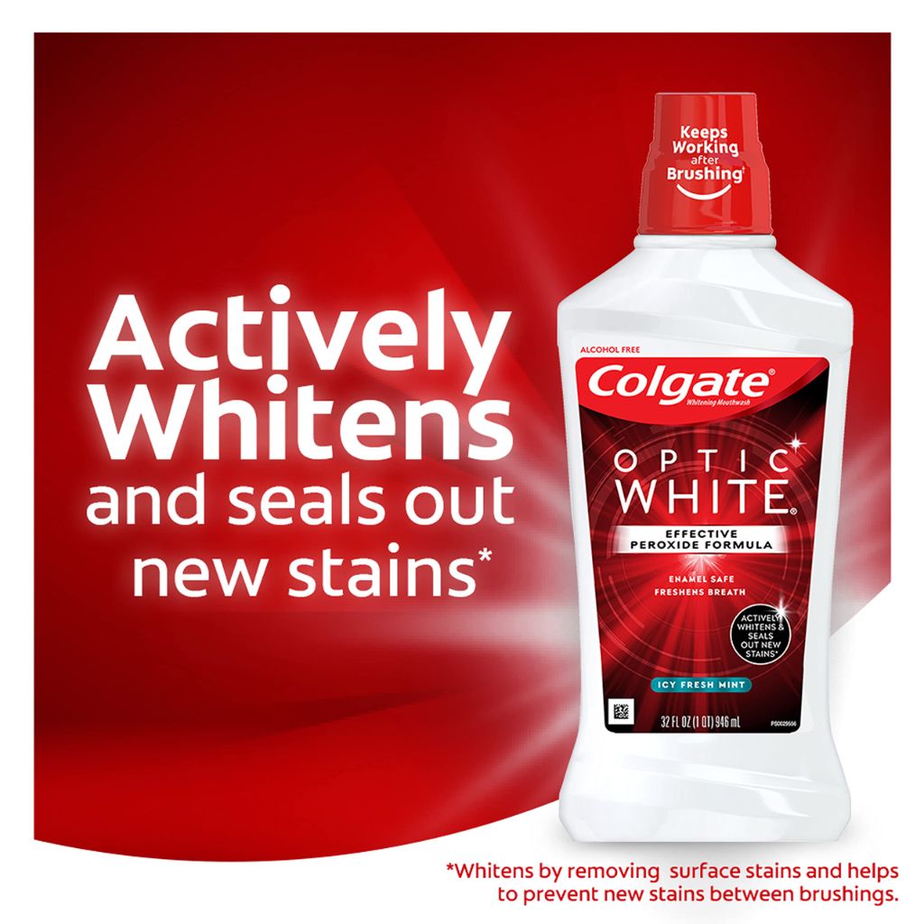 Colgate Optic White Advanced Teeth Whitening Mouthwash, 3 Pack,  ICY Fresh Mint, 32 Oz