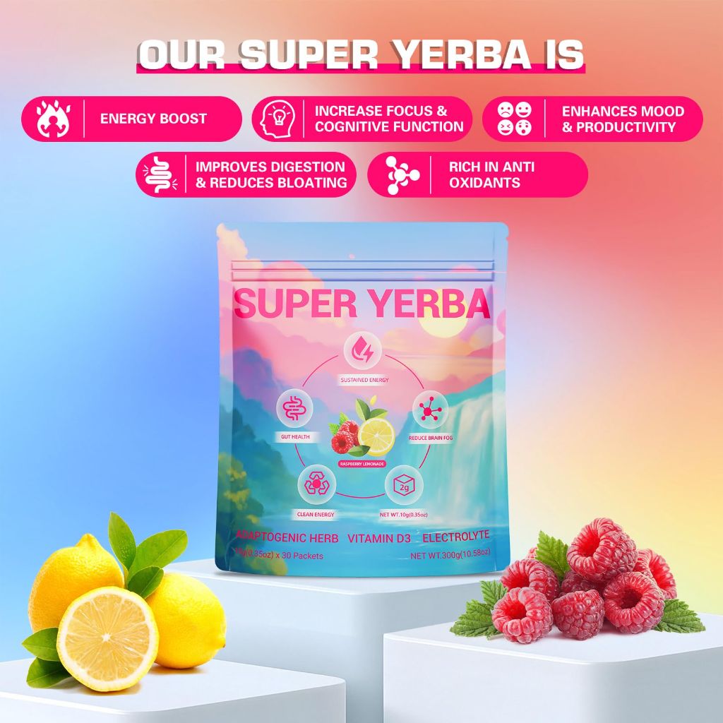 Super Yerba Mate Instant Tea Powder with Prebiotics & Probiotics - Raspberry Lemonade Flavor 30 Servings