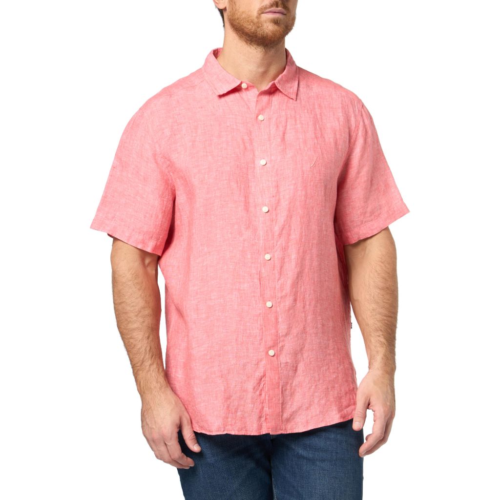 Nautica Men's Classic-Fit Solid Linen Short-Sleeve Shirt, Pepper Red, SZ L