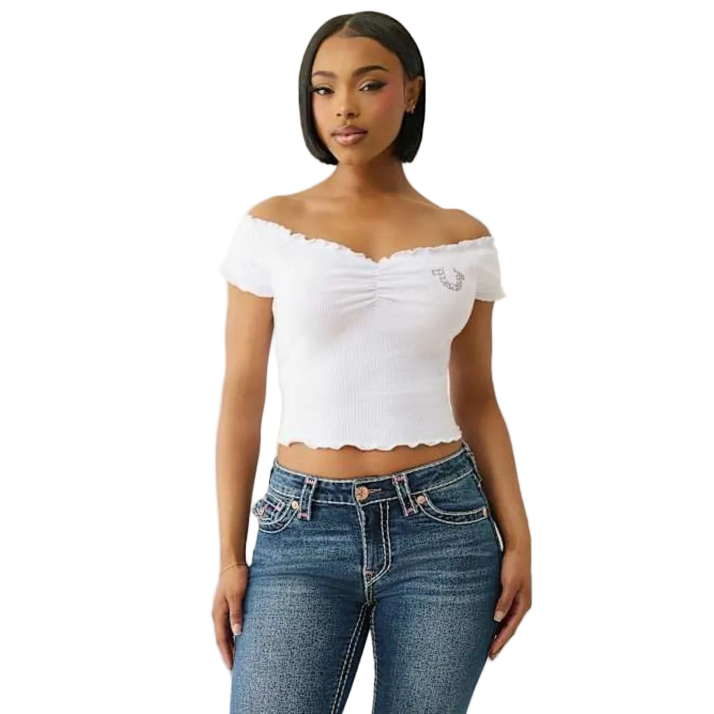 True Religion Women's Lettuce Edge Off-the-Shoulder Top - White, Size XXL