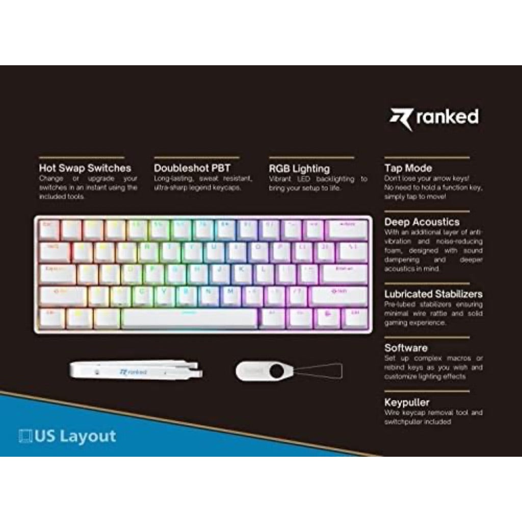 Ranked N60 Nova 60% Form Factor Hot Swappable Mechanical Gaming Keyboard, 61 Keys, RGB Backlit for PC/Mac, White, Gateron Pro Brown