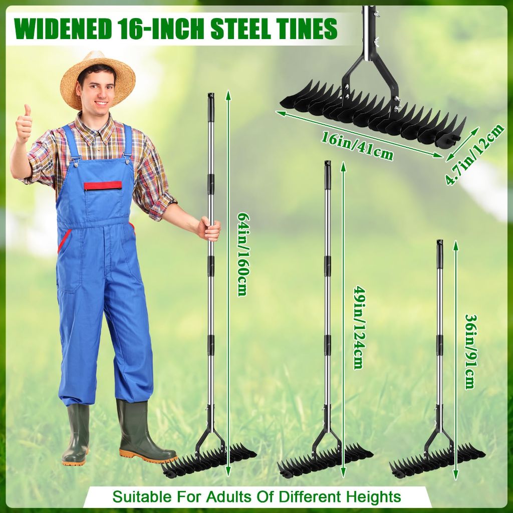 Thatch Rake for Lawns 21 Curved Steel Tines with 64'' Adjustable Metal Handle Handle Heavy Duty Dethatcher Rake for Garden Yard Farm Lawn Care Leveling Gathering Leaf Grass Removal (Black-1)