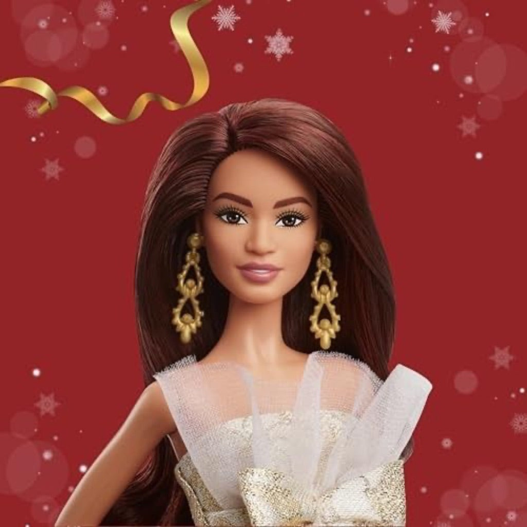 Barbie Signature 2025 Holiday Dark Brown Hair Fashion Doll Wearing Silver & Gold Gown, Seasonal Collector in Displayable Packaging & Stand