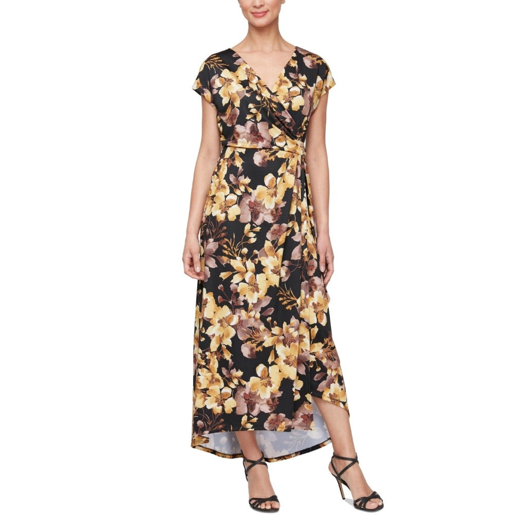 Sl Fashions Women's Printed Surplice-Neck Sleeveless Dress - Blk Multi size 12