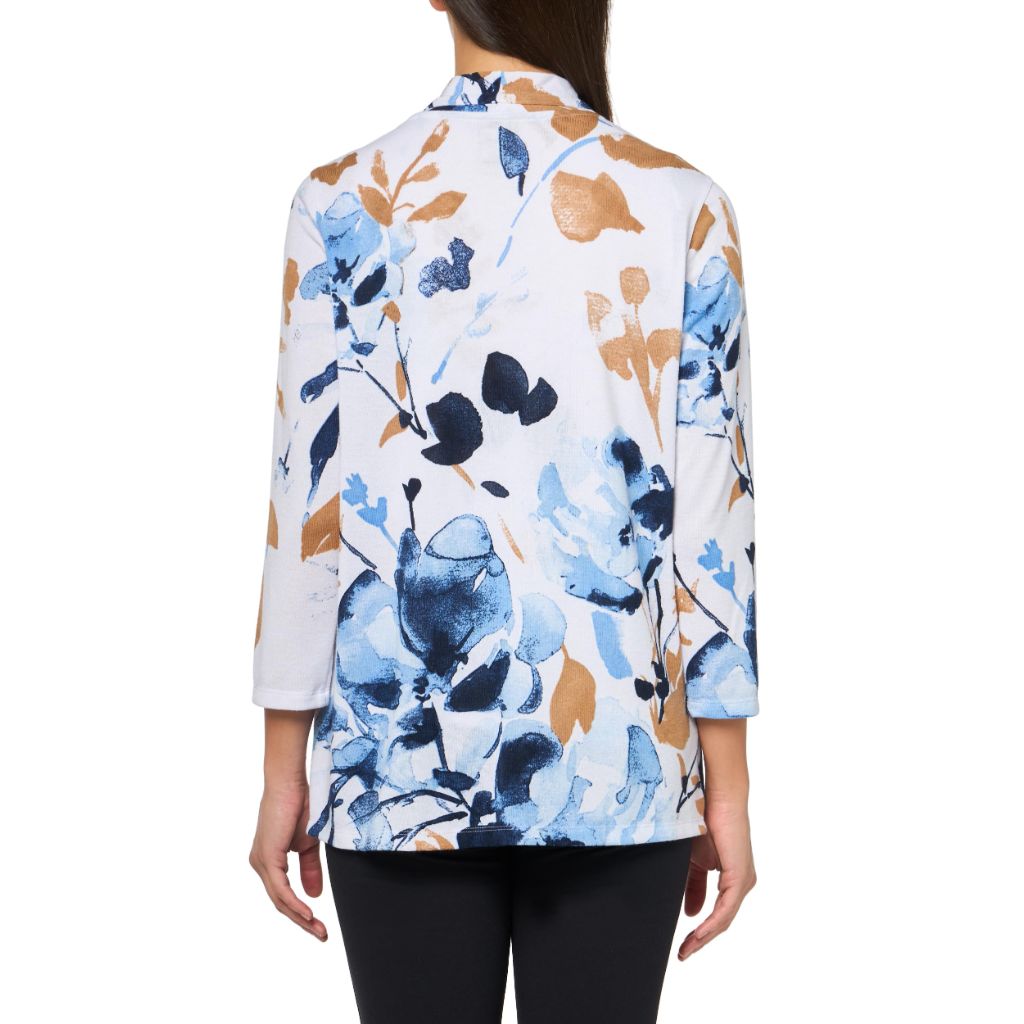 MULTIPLES Three Quarters Sleeves Open Front Jacket and Tank Two-Piece Set, Blue Print, XL