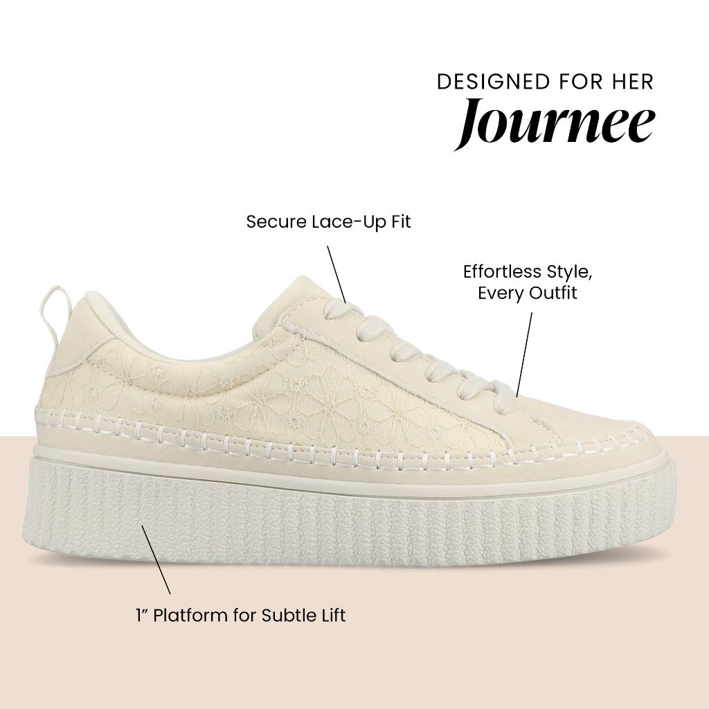 SZ 7.5M, Journee Women's Pazey cushioned footbeds platform sneaker lace up multi pattern design | BONE