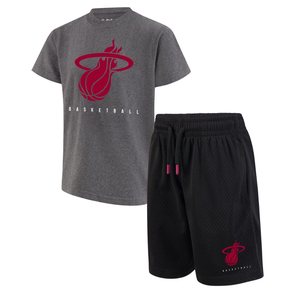Ultra Game Boys NBA Official Super Soft Game Time T-Shirt & Shorts Set, Miami Heat, Heather Charcoal, 4