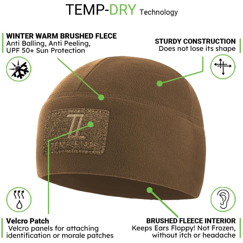 Temple Tape Tactical Beanie Hat - Front & Back Patch Panel - Coyote Brown - XL