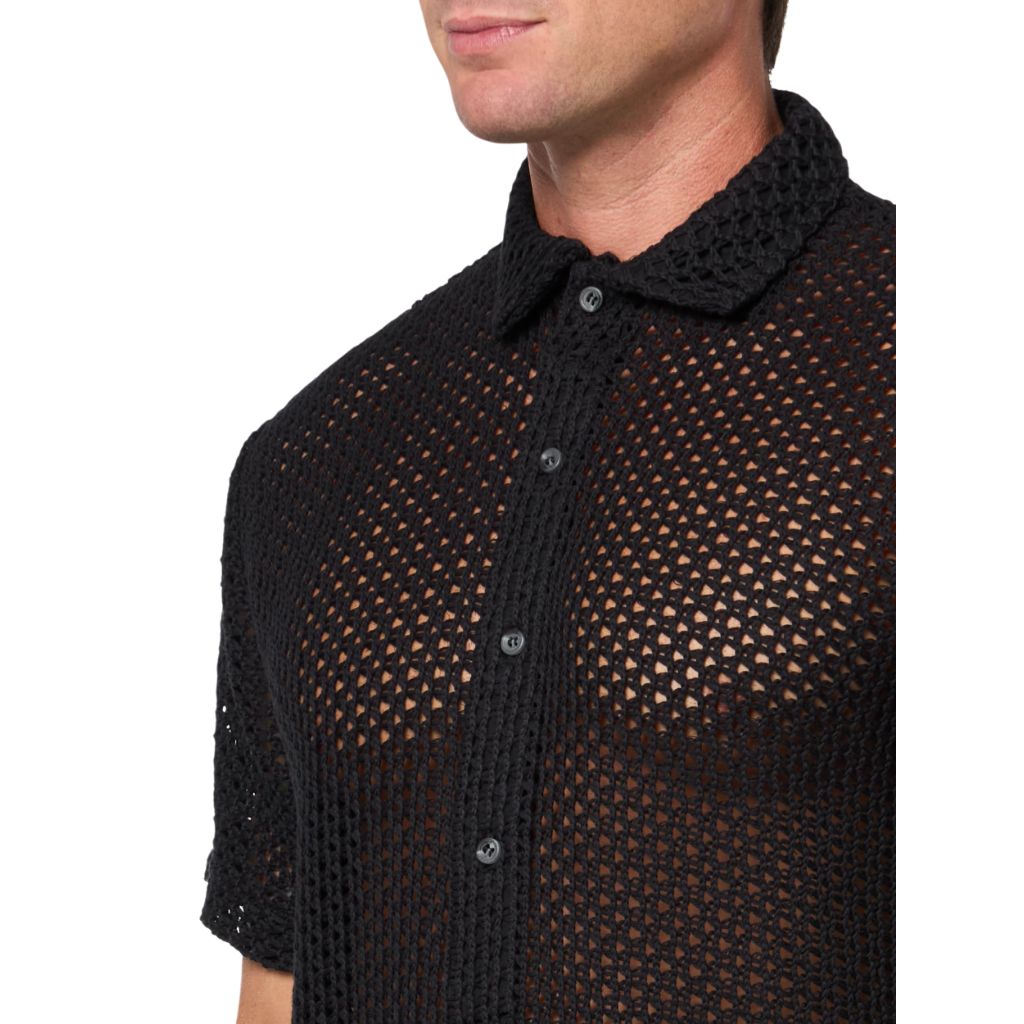 GUESS Mens Eco Net Loose Short Sleeve Knit, Jet Black, Extra Extra Large
